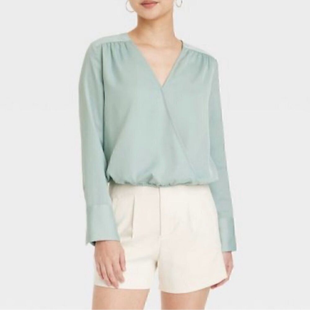 Women's Long Sleeve V-Neck Light Green Wrap Blouse - Size S
